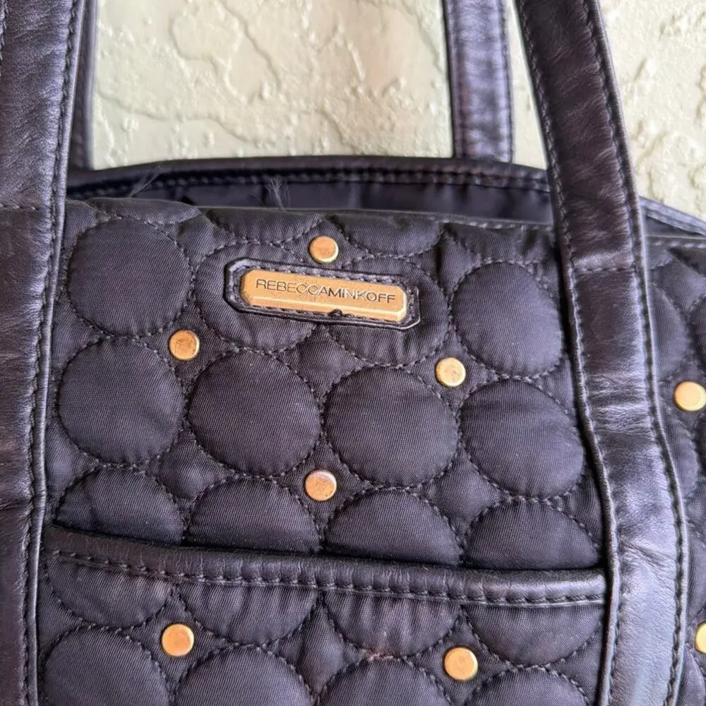 REBECCA MINKOFF Marissa Quilted Baby Bag Black Nylon Gold-Toned Studs Zip Top - Picture 2 of 9